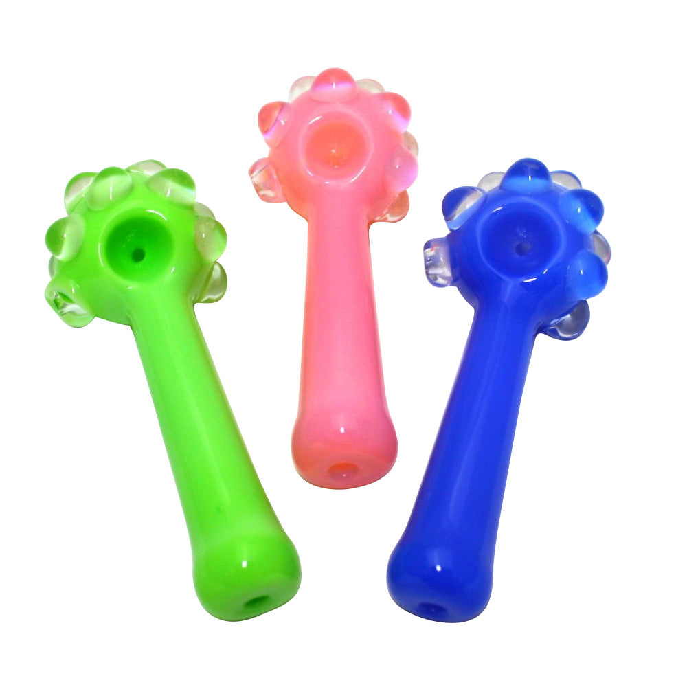 5.5-inch cubed head solid color glass hand pipe featuring a geometric cubed head design, vibrant solid color finish, heavy-duty glass construction, smooth polished surface, and distinctive styling.