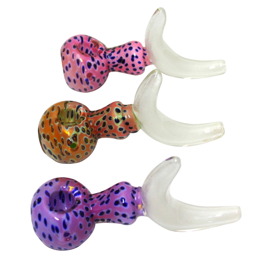 5.5-inch moon glow-in-the-dark glass hand pipe featuring a moon-inspired design, glow glass detailing, sturdy construction, smooth polished finish, and unique artistic styling.
