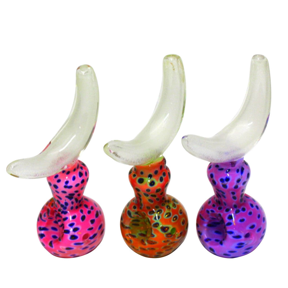 5.5-inch moon glow-in-the-dark glass hand pipe featuring a moon-inspired design, luminous glass detailing, sturdy construction, smooth polished finish, and distinctive artistic styling.