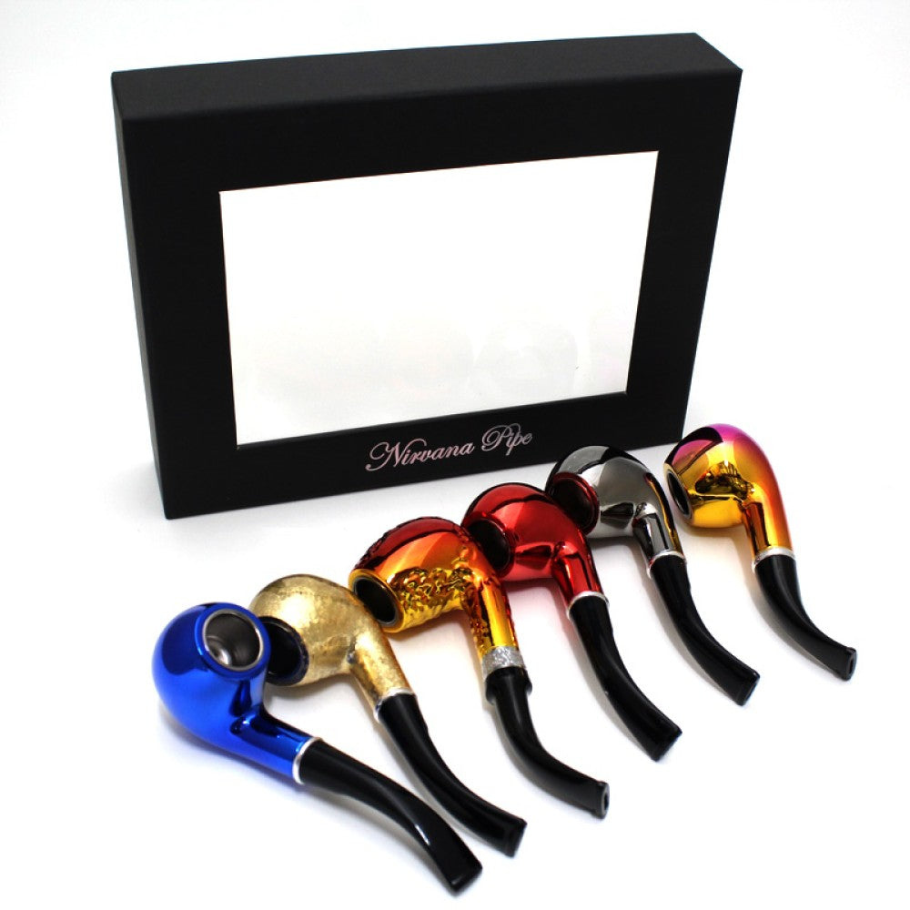 5.5-inch Nirvana assorted color tobacco pipe featuring colorful finishes, classic pipe design, and 6 pieces per box.
