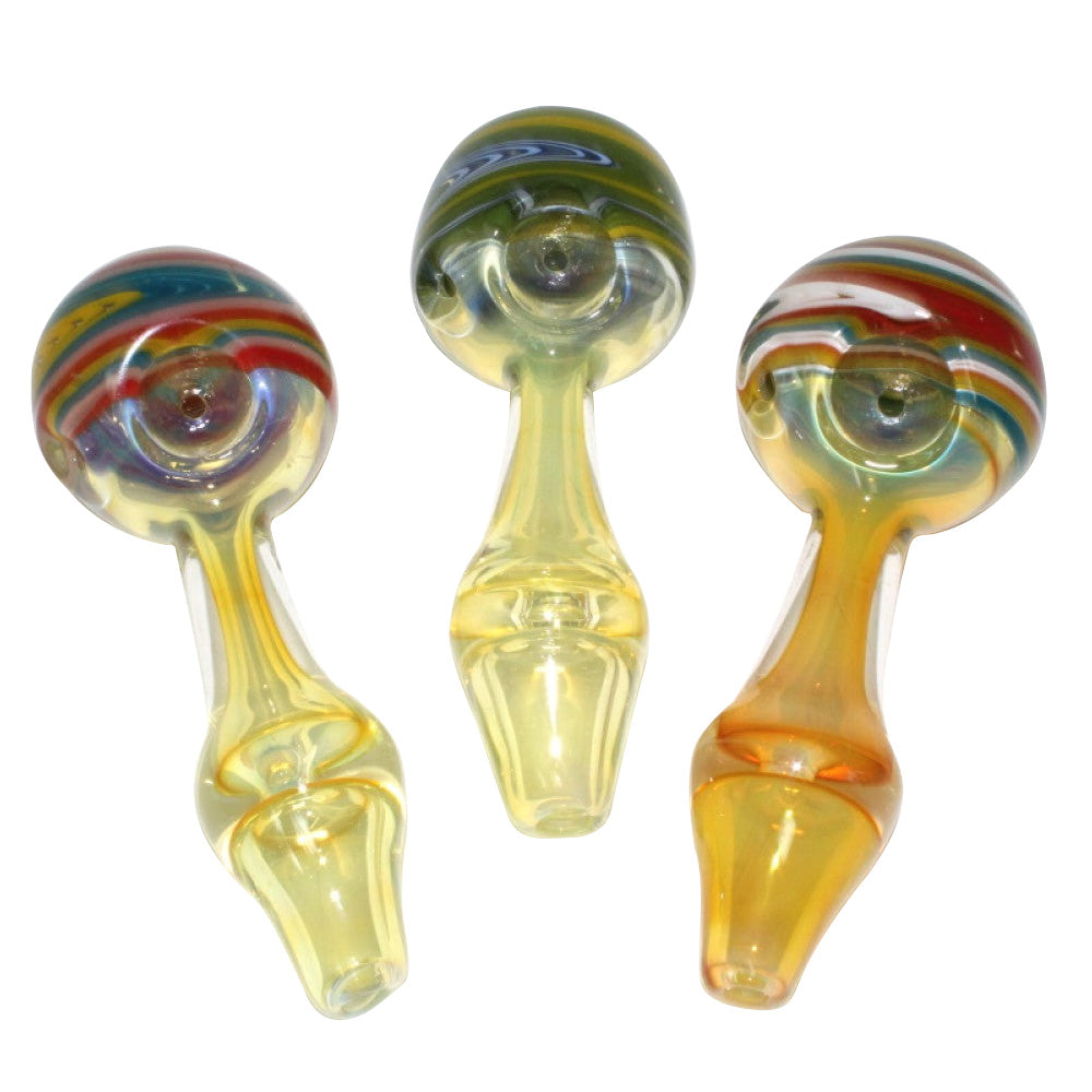 5-inch big head gold fumed heavy-duty glass hand pipe featuring gold-fumed detailing, oversized head design, sturdy glass construction, smooth polished finish, and unique artistic styling.
