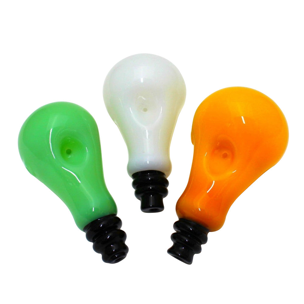 5-inch bulb design solid color heavy-duty glass hand pipe featuring a unique bulb shape, solid color glass, sturdy construction, smooth polished finish, and clean artistic styling.