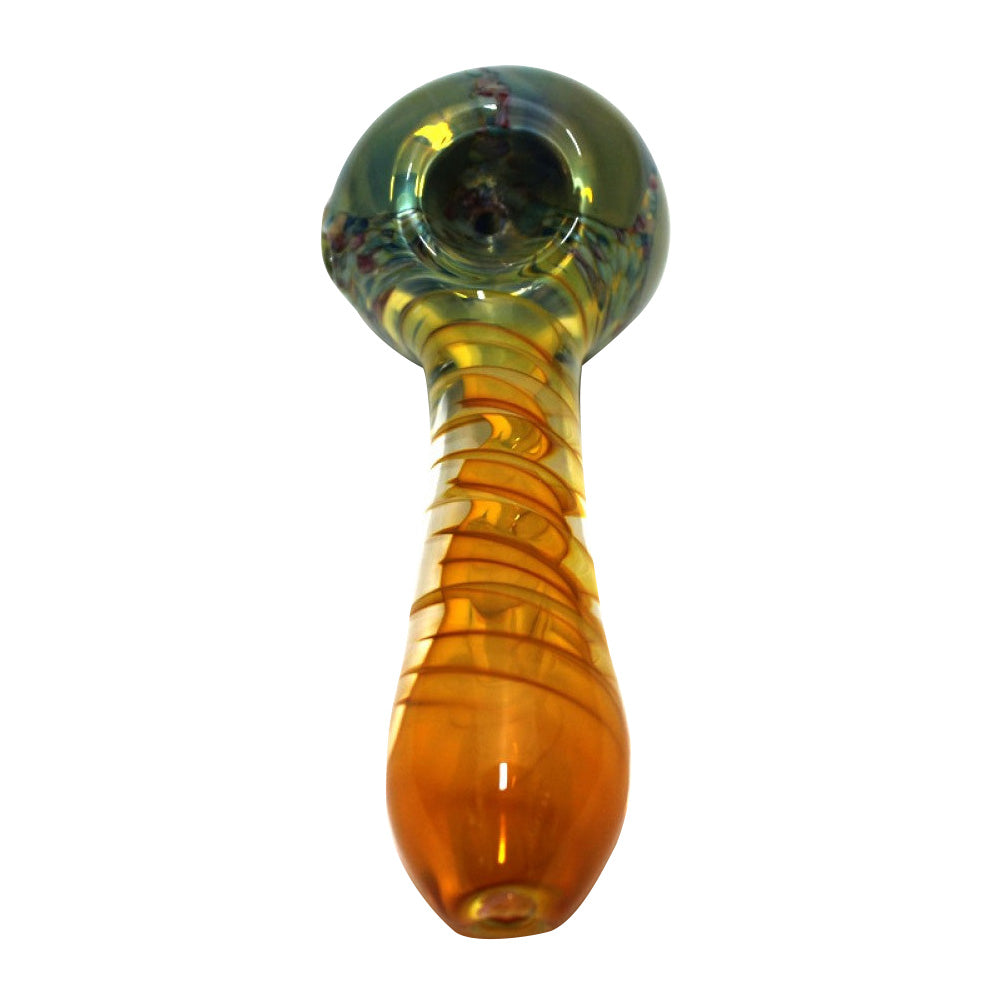 5-inch gold fumed color head heavy-duty glass hand pipe featuring gold-fumed detailing, vibrant color accents, thick glass construction, smooth polished finish, and distinctive artistic styling.