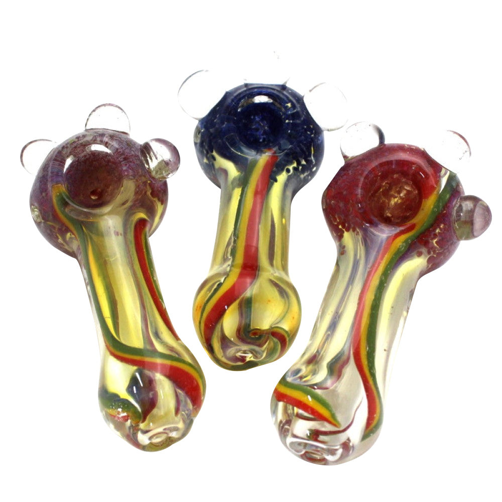 5-inch jumbo Rasta color extra heavy-duty glass hand pipe featuring vibrant red, yellow, green, and black color detailing, thick glass construction, smooth polished finish, and distinctive artistic styling.