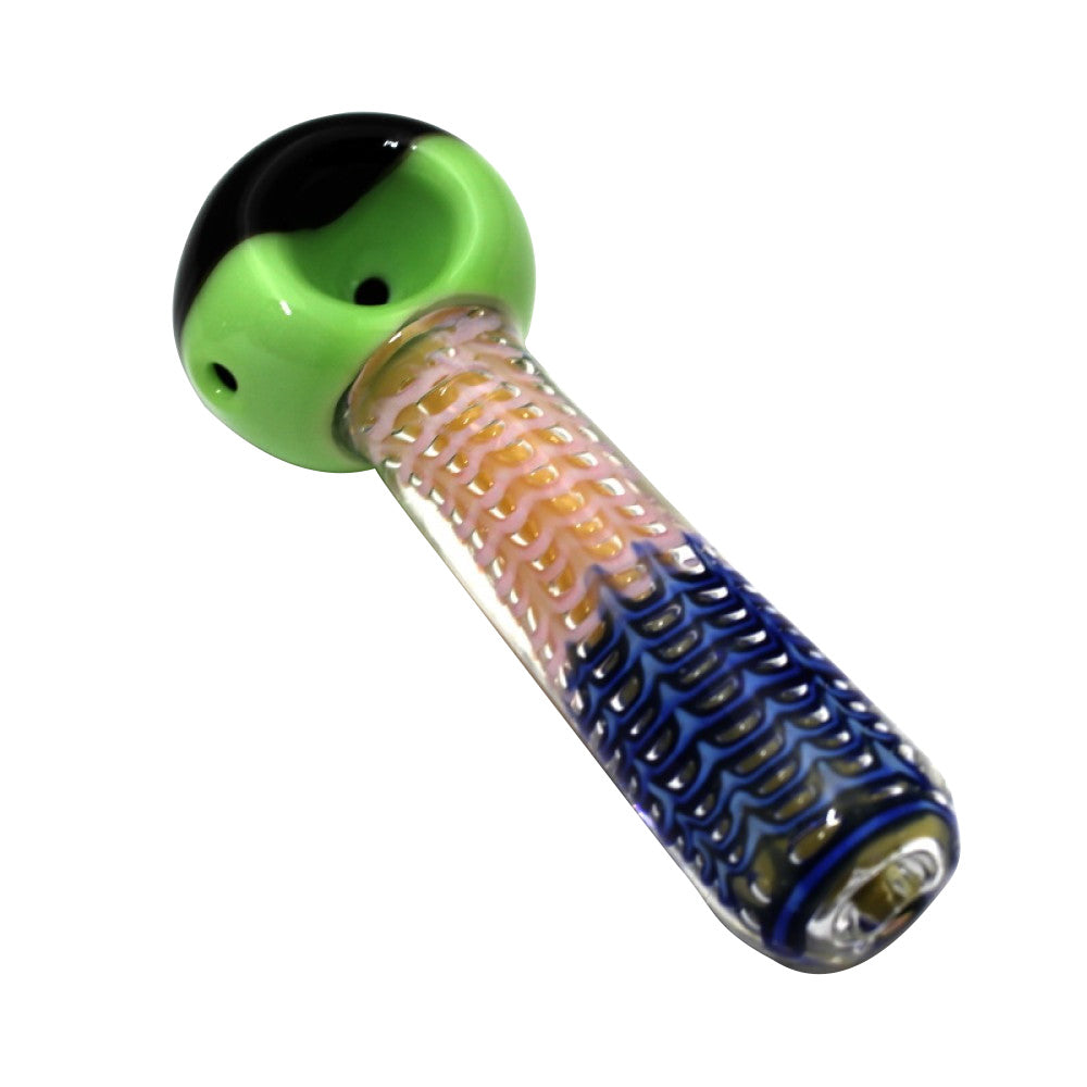 5-inch USA bubble art color heavy-duty glass hand pipe featuring vibrant red, white, and blue accents, artistic bubble detailing, sturdy glass construction, smooth polished finish, and distinctive styling.