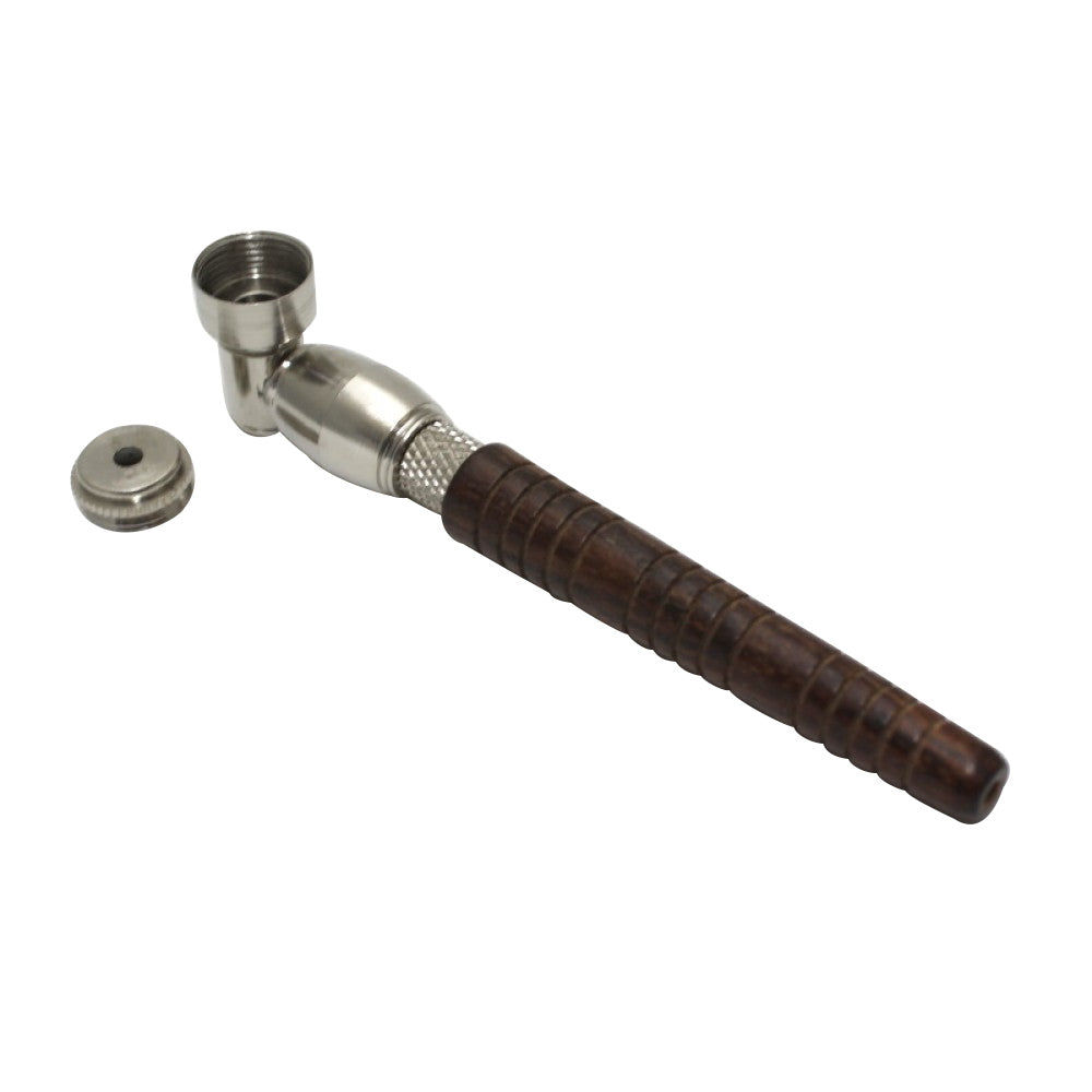 5-inch wood and metal hand pipe with metal bowl and lid featuring natural wood grain, durable metal construction, compact design, and classic styling.