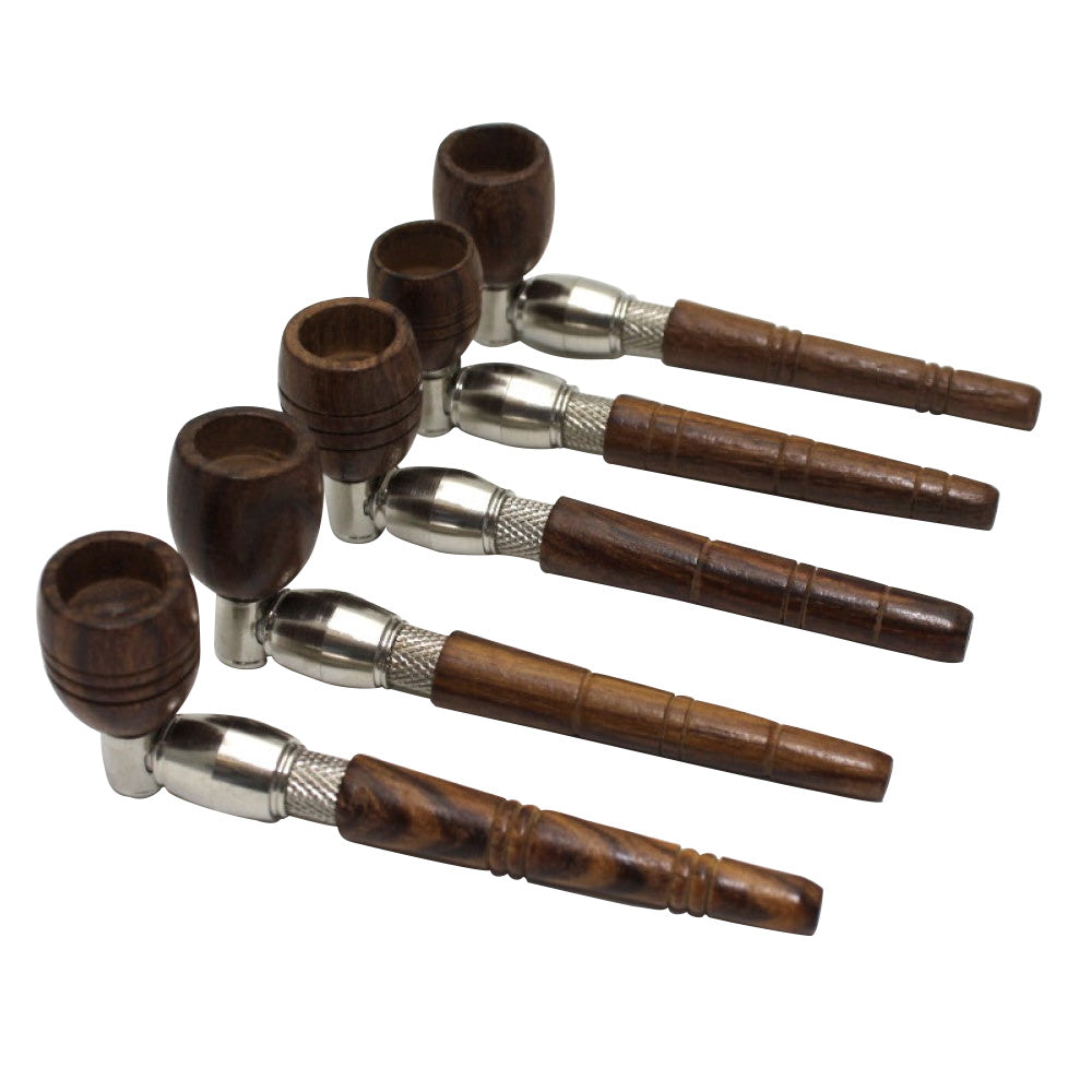 5-inch wood and metal hand pipe with wooden bowl featuring natural wood grain, durable metal construction, smooth finish, compact design, and rustic styling.