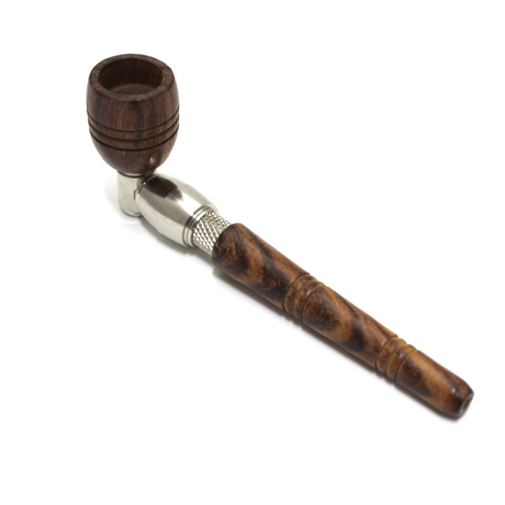 5-inch wooden bowl metal hand pipe featuring natural wood construction, durable metal body, unique wood grain, smooth finish, compact profile, and rustic design.