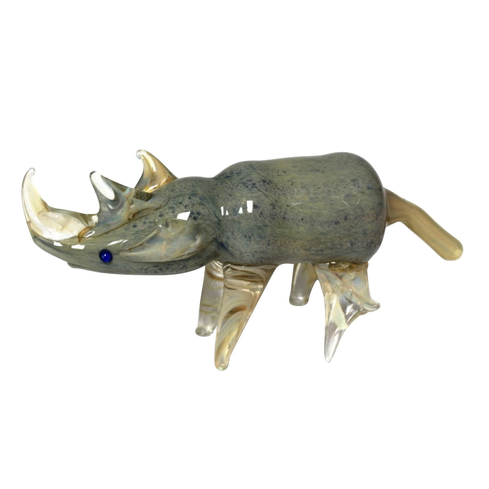 6.5-inch rhino glass hand pipe featuring a unique rhino-inspired design, detailed sculpted glasswork, durable glass construction, smooth polished finish, and artistic animal styling.