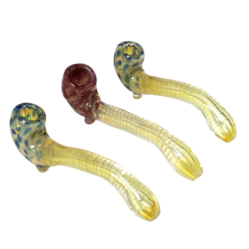 6-inch gold fumed inner swirl Sherlock glass pipe featuring a classic curved shape, intricate swirl pattern, gold-fumed glass, durable construction, and polished finish.