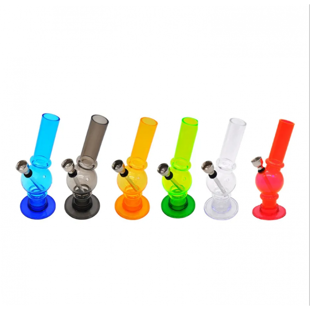 6-inch Skinny Solid Color Acrylic Water Pipe featuring a durable lightweight body, metal downstem, bowl with screen, compact design, and sturdy base.