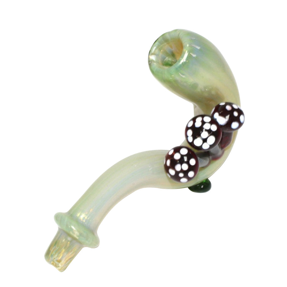 6-inch three mushroom Sherlock glass pipe featuring a heavy-duty glass build, unique mushroom design, classic curved shape, smooth polished finish, and artistic detailing.