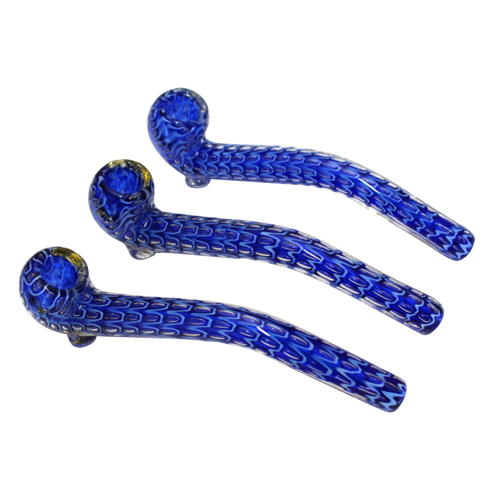 7-inch blue bubble art Sherlock glass pipe featuring vibrant blue detailing, classic curved design, durable glass construction, smooth polished finish, and artistic styling.