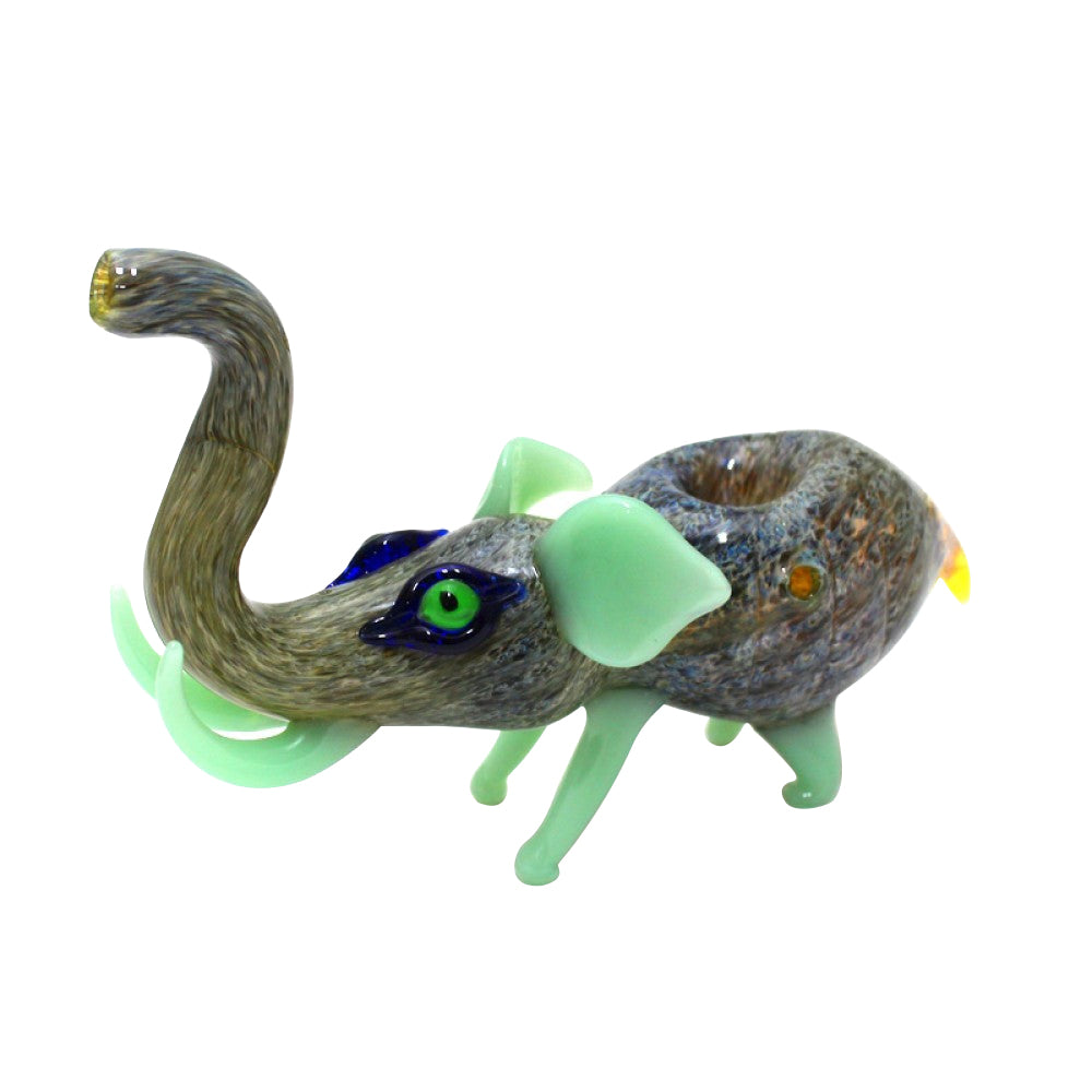 7-inch long elephant glass pipe featuring a large-size elephant-inspired design, detailed sculpted glasswork, durable glass construction, smooth polished finish, and artistic animal styling.
