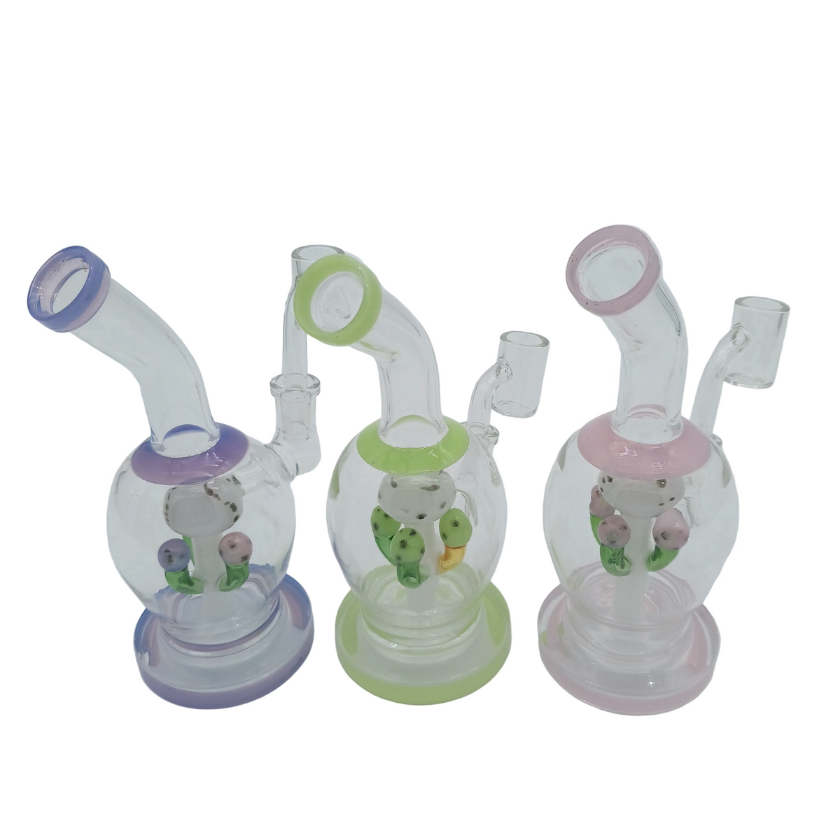 7-inch Mushroom Dab Rig Water Pipe featuring a unique mushroom-inspired design, durable glass construction, 14mm male banger, water filtration, and stable base.