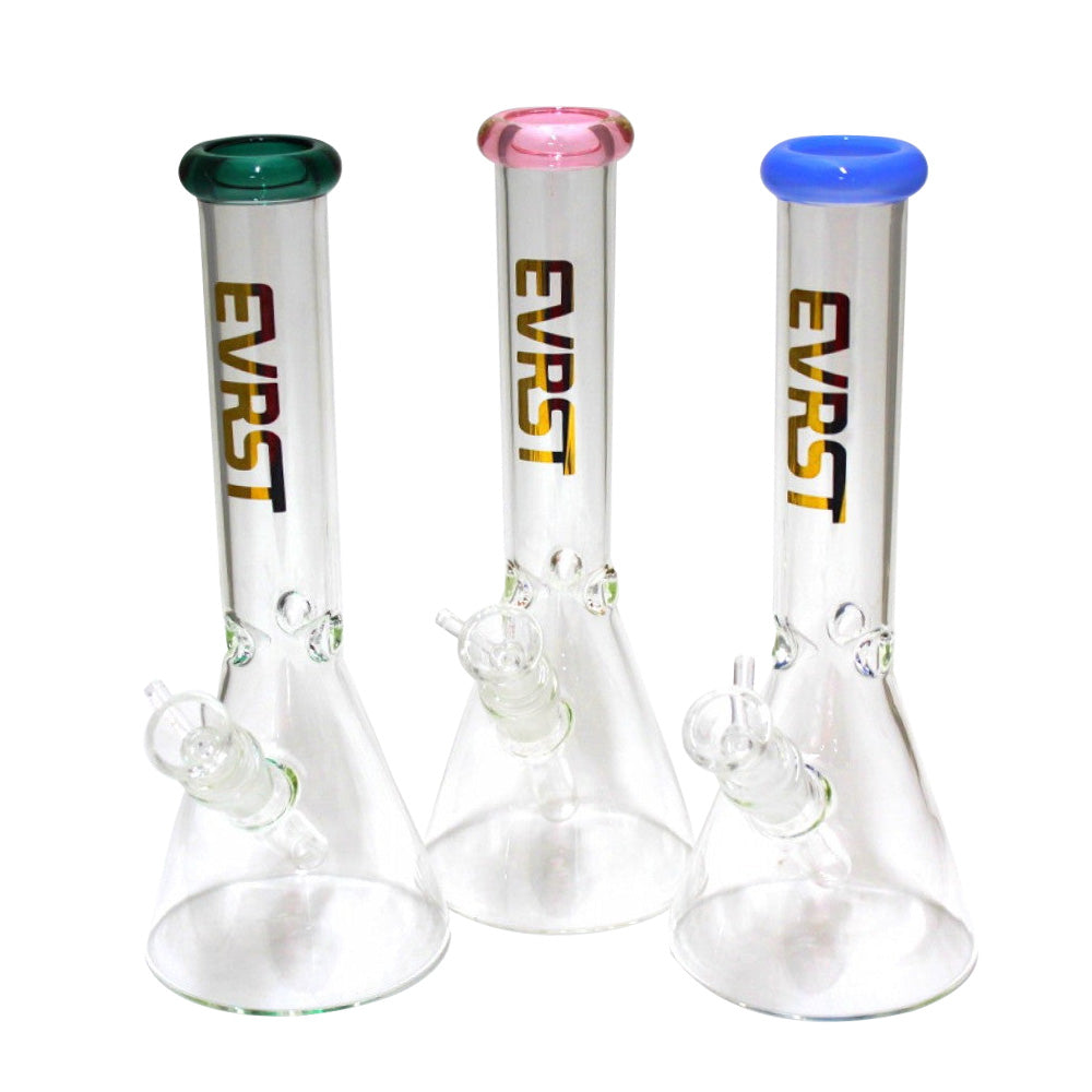 8-inch EVRST Beaker Water Pipe with glass downstem and 14mm male bowl, featuring durable glass construction, stable base, polished finish, and compact design.