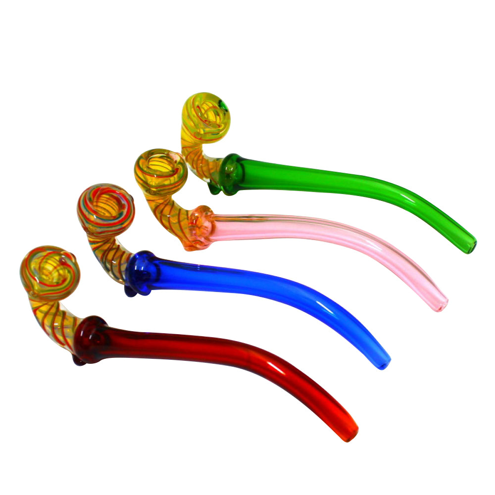 8-inch Rasta swirl color head tube Sherlock glass pipe featuring vibrant red, yellow, and green swirl detailing, classic curved design, durable glass construction, and smooth finish.