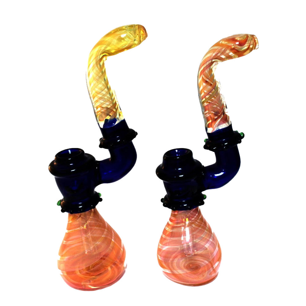 9.5-inch gold fumed blue tube heavy-duty glass bubbler featuring gold-fumed detailing, blue accents, large size, and durable glass construction.
