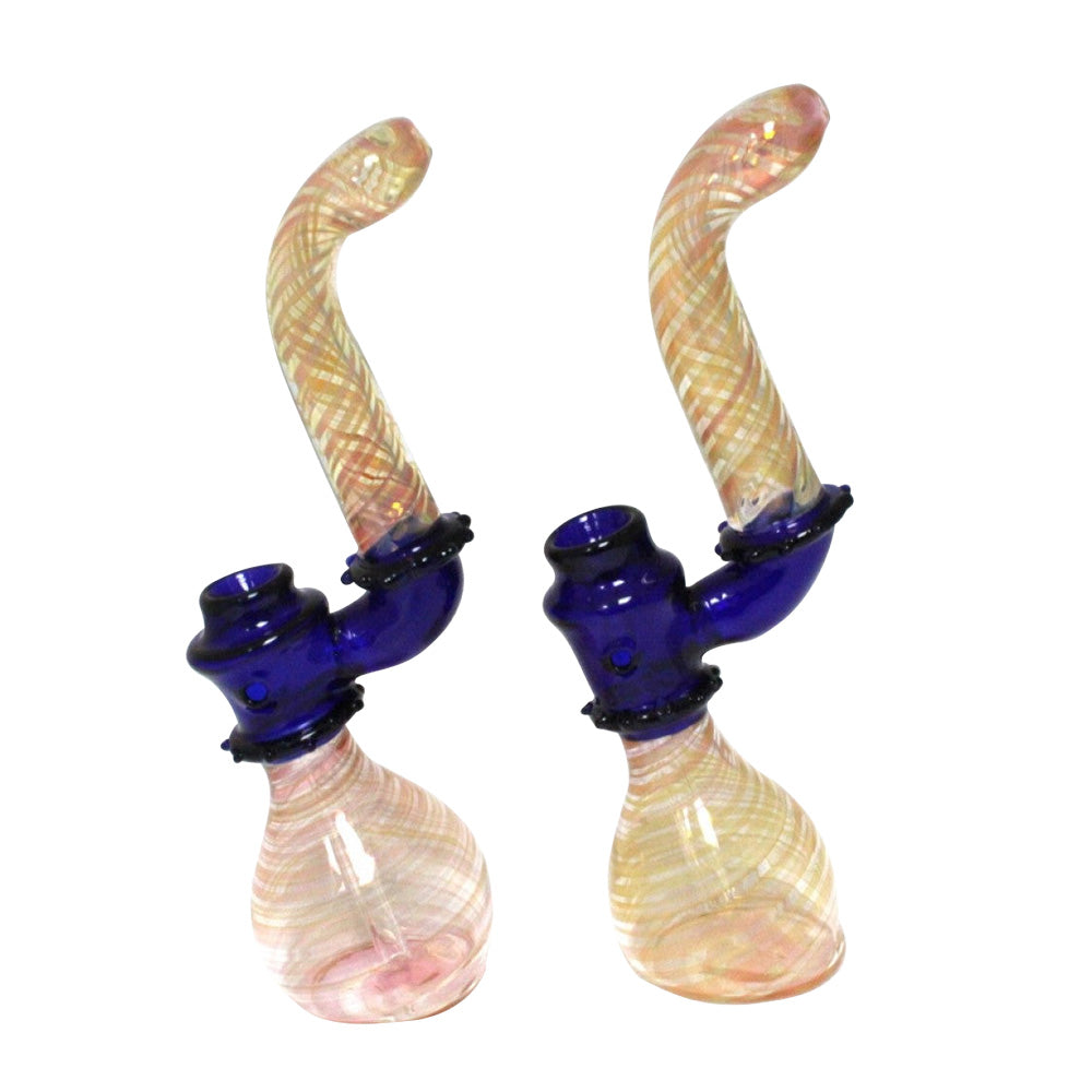 9-inch gold fumed blue tube Sherlock heavy-duty glass bubbler featuring gold fumed detailing, blue accents, curved design, and large-size profile.