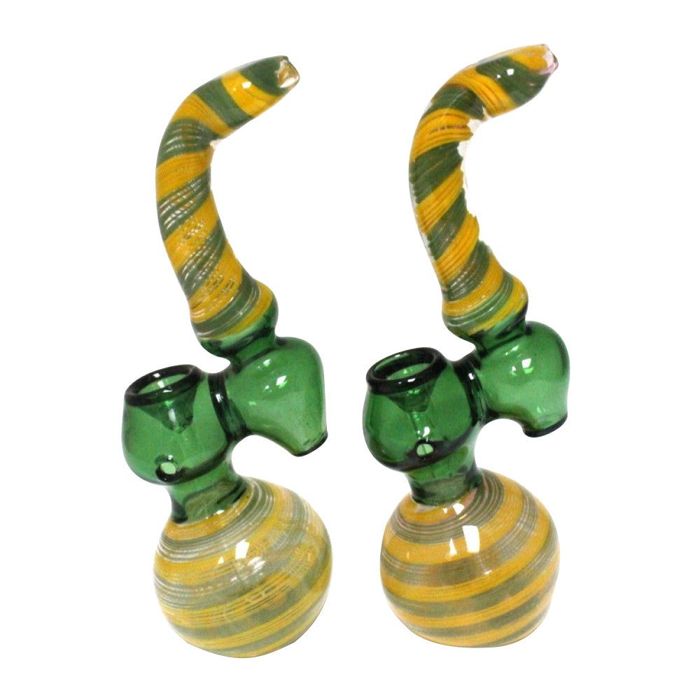 9-inch green tube swirl color Sherlock heavy-duty glass bubbler featuring vibrant green accents, colorful swirls, curved design, and large-size profile.