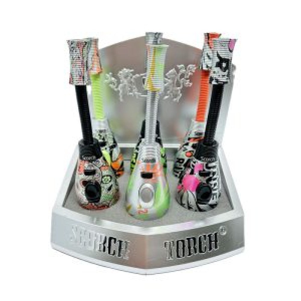 Scorch Torch - Ribbed Nozzle Bendable Torch Hold Button 2 Tone Asst Graffiti Leaf Design (6ct) Model : 61769