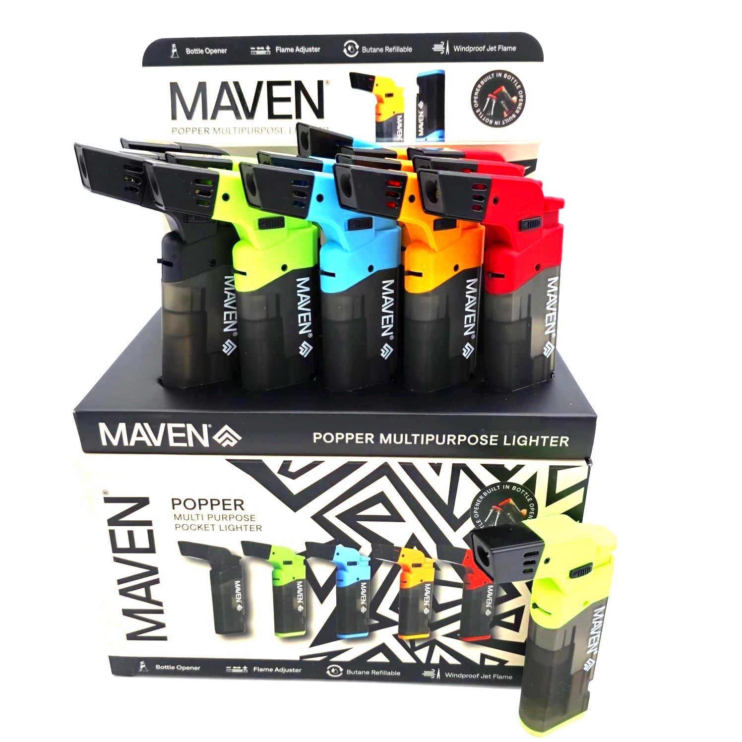 Item # 98-1170T Maven Popper Transparent Bottle Opener Multipurpose Torch 15 Pcs Per Pack