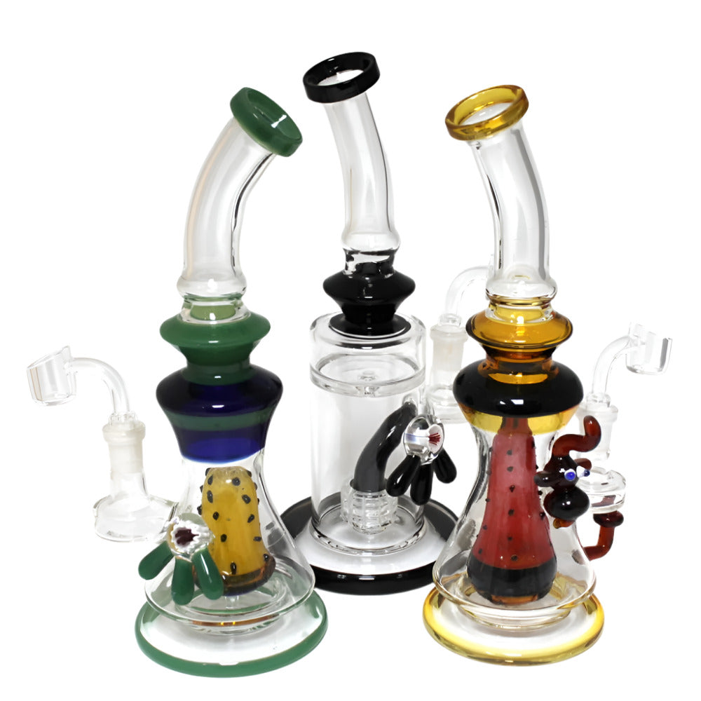 10.5 Inch Glass Percolator Water Pipe with Assorted Decorative Designs, a Built-In Percolator, and 14mm Male Banger, Featuring a Stylish Appearance for Retail Displays and Wholesale Collections.