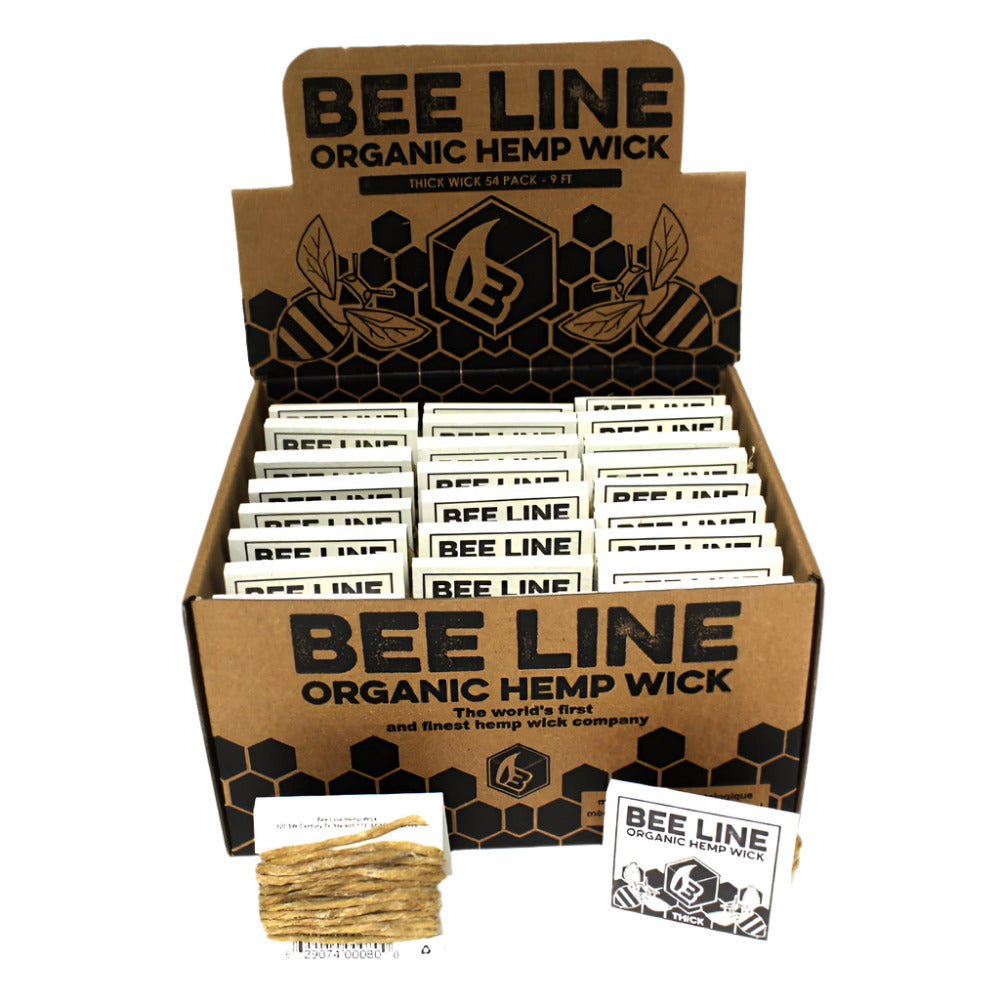 Bee Line Hemp Wick Thick Wick featuring 9 feet per roll, natural hemp fiber, thick flexible construction, and 54-count per pack packaging.