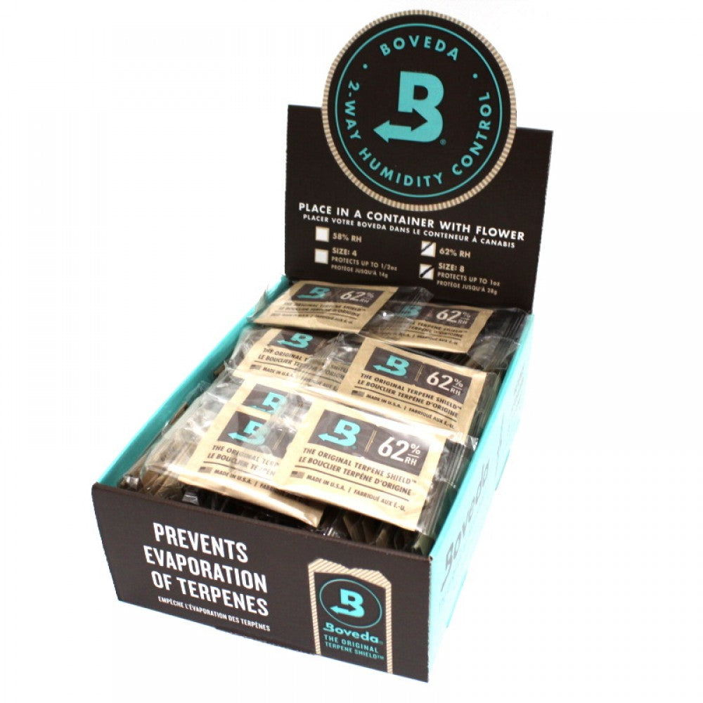 Boveda 62% RH 2-Way Humidity Control Size 8 with 100 pieces per pack, designed to help maintain consistent humidity levels for product storage.