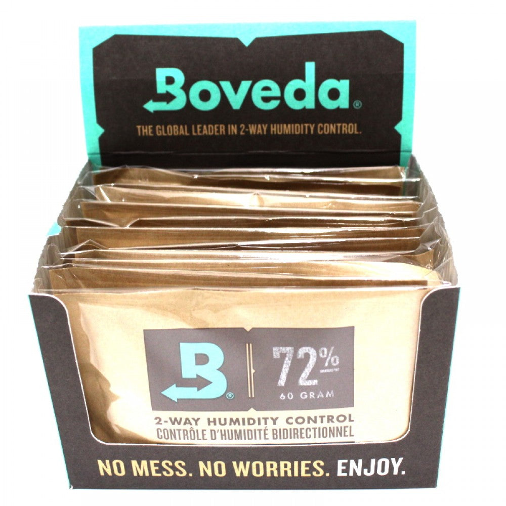 Boveda 72% RH 2-Way Humidity Control with 12 pieces per pack, designed to help maintain consistent humidity levels and protect stored products from excess dryness or moisture.