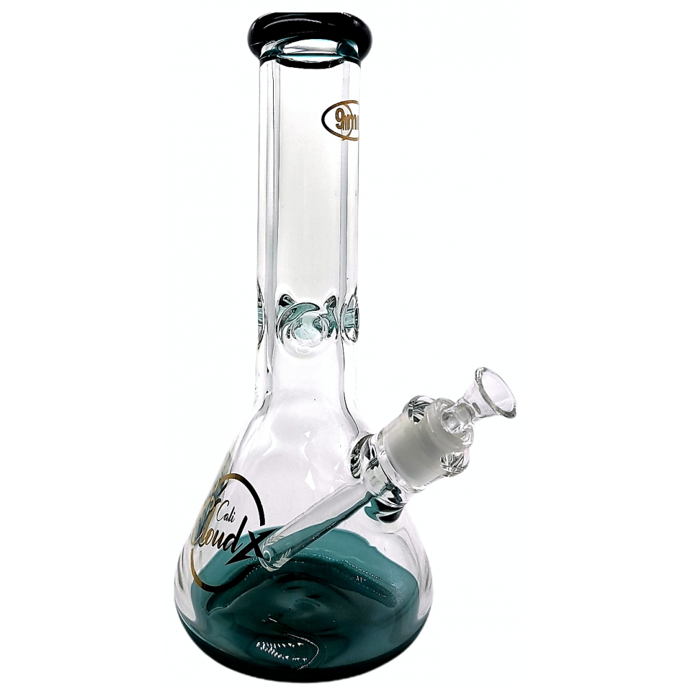 13-inch 14mm colored beaker water pipe by Cali Cloudx featuring durable glass construction, colorful accents, stable beaker base, and smooth polished finish.