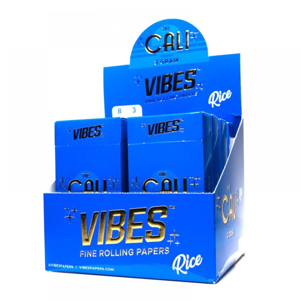 Cali Vibes 3g organic hemp cones featuring 3 cones per pack, 8 packs per box, 24 cones total, and convenient branded packaging.