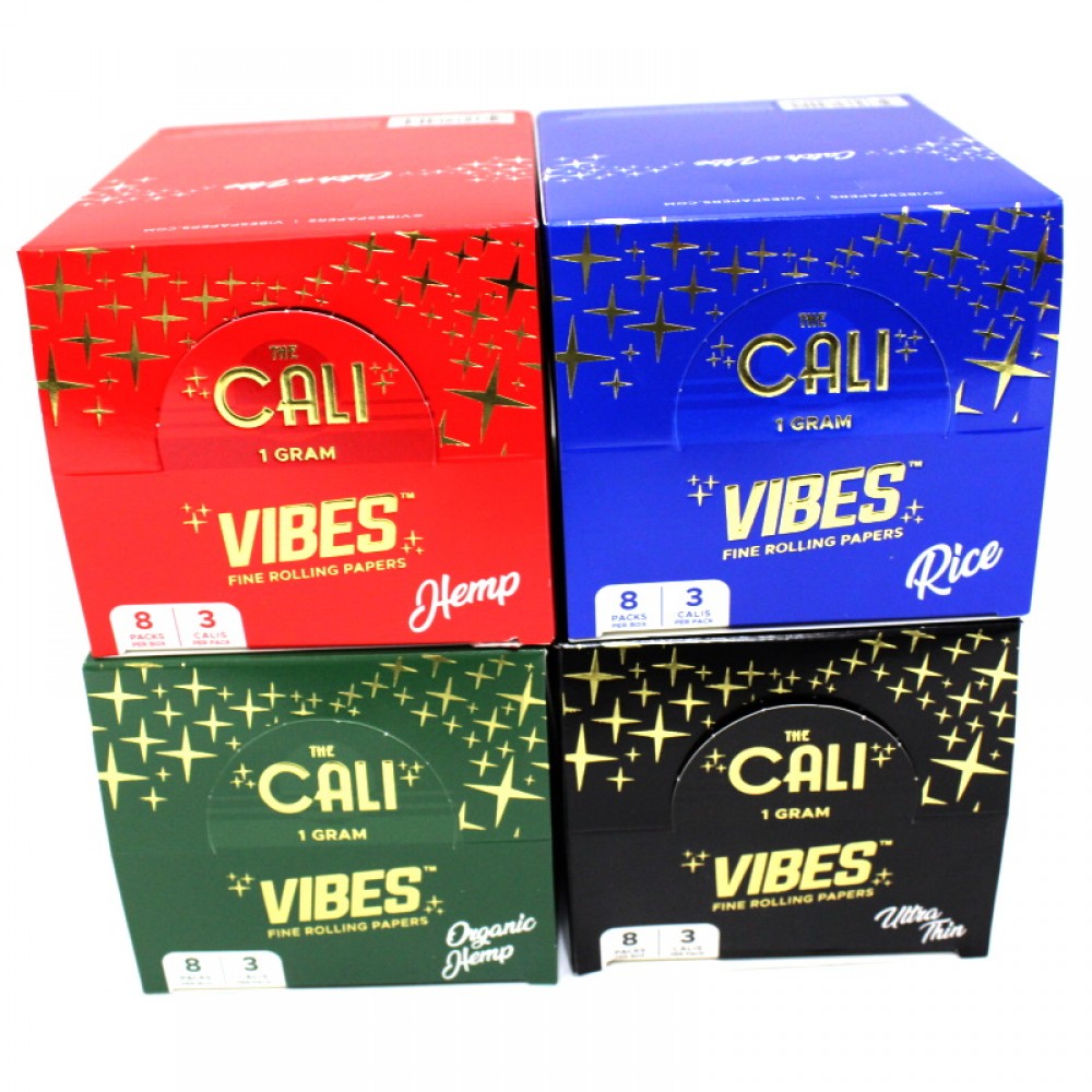 Cali Vibes organic hemp cones, 1 gram, with 3 cones per pack and 8 packs per box, featuring convenient retail-ready packaging.
