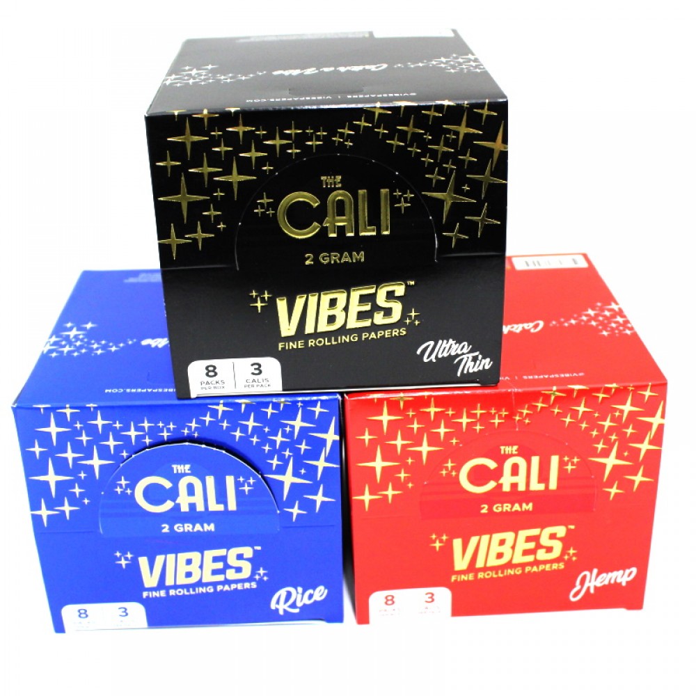 Cali Vibes organic hemp cones 2g featuring 3 cones per pack, 8 packs per box, and 24 cones total in convenient branded packaging.