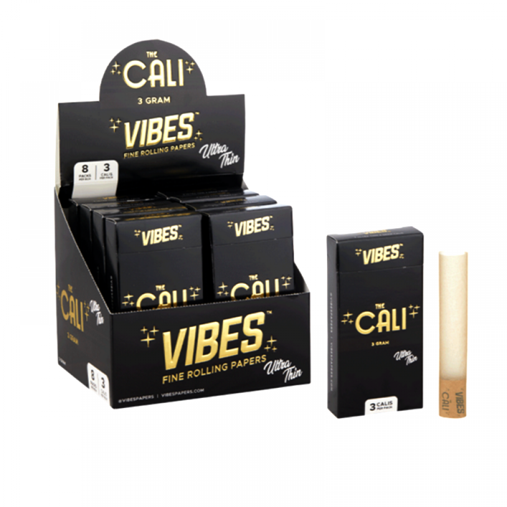 Cali Vibes organic hemp cones in a 3-gram size, featuring 3 cones per pack, 8 packs per box, and 24 cones total.