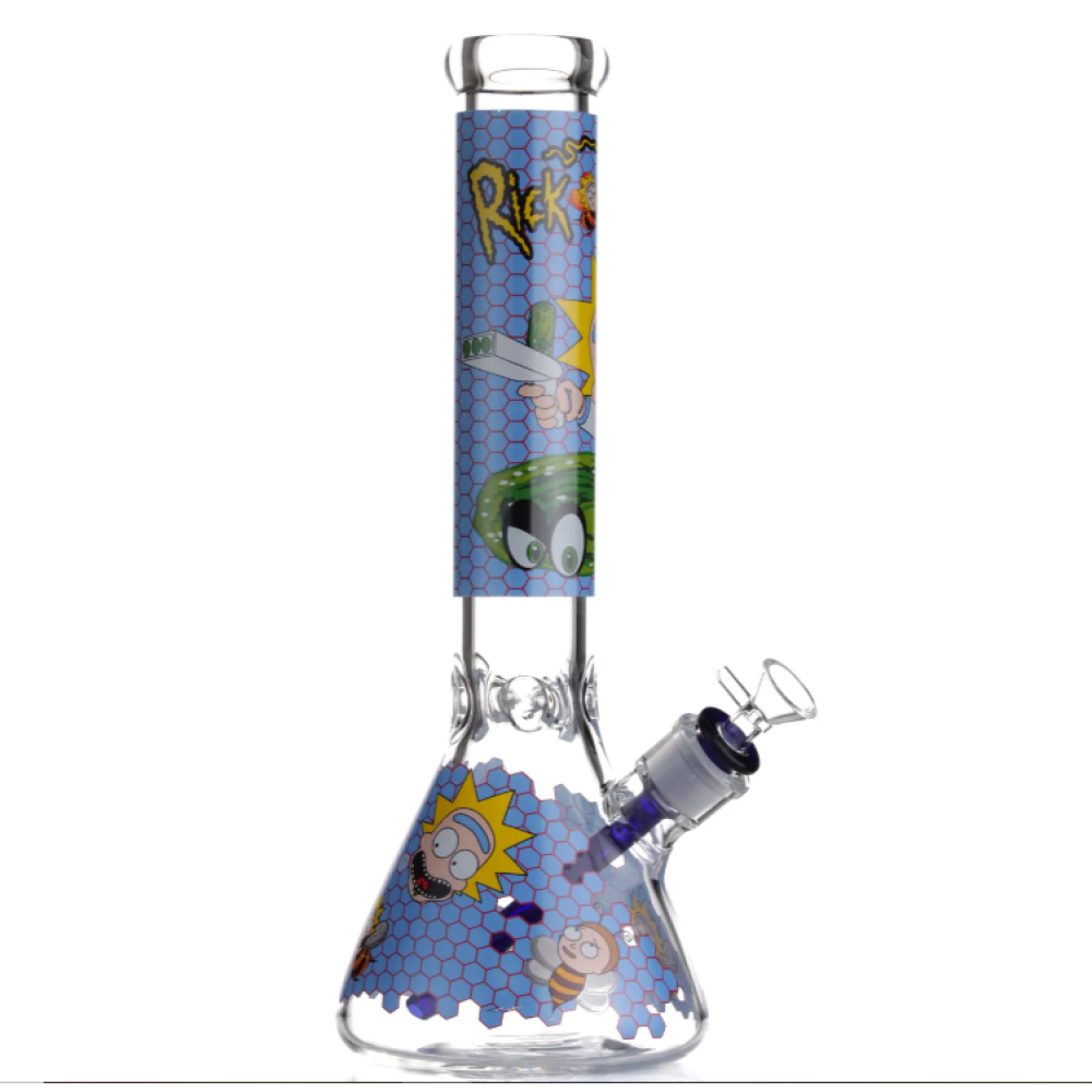 Colorful 10 Inch Beaker Glass Water Pipe with Artistic Decal Patterns, 14mm Male Glass Bowl, and a Classic Wide Base Design