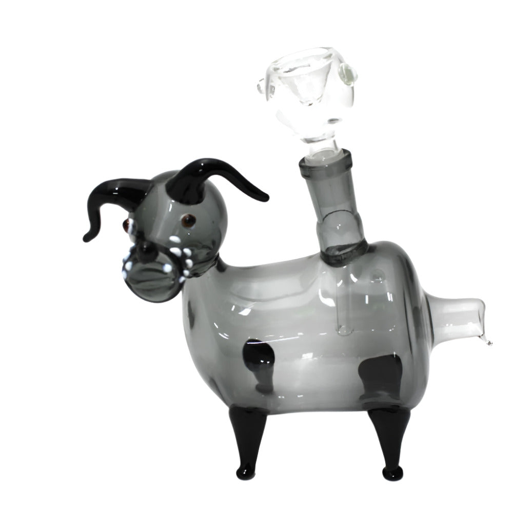 Dog design glass pipe with 14mm male bowl and banger, featuring a detailed sculpted shape, durable glass construction, polished finish, and distinctive animal-inspired styling.