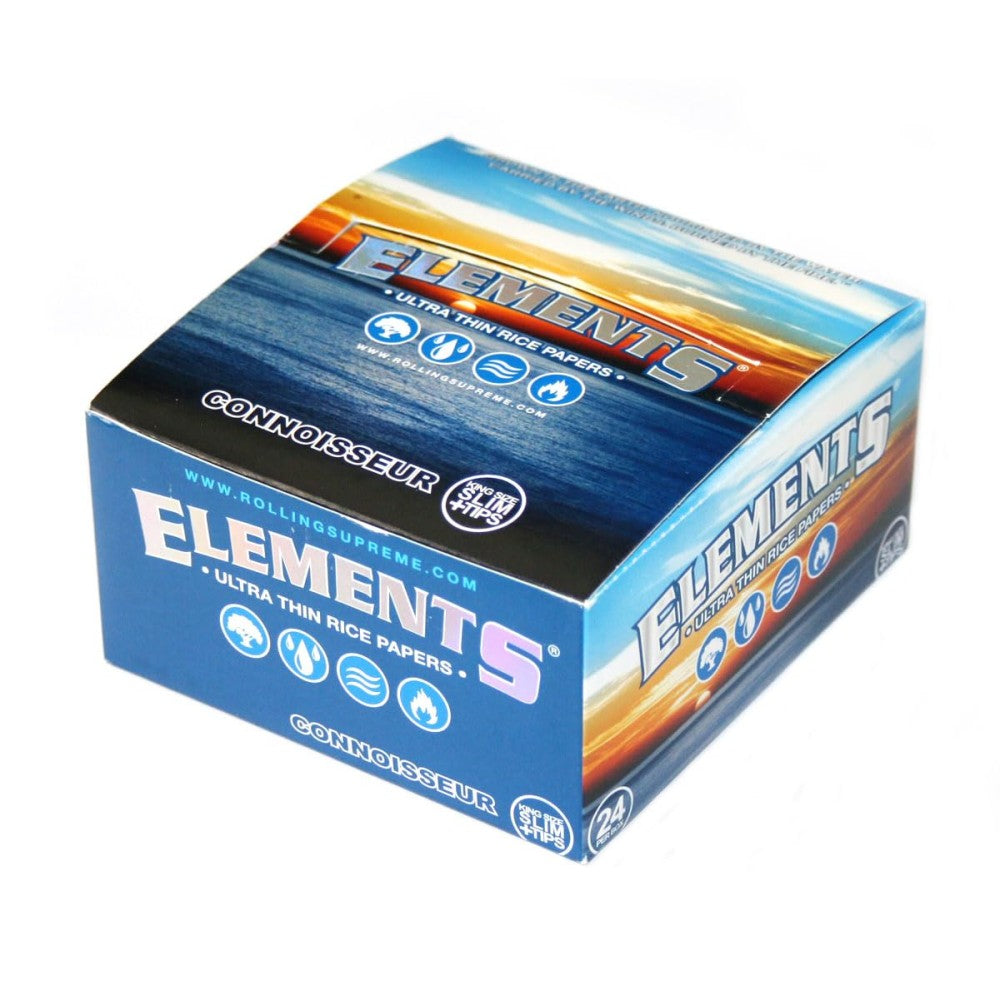 Element Ultra Thin King Size Slim Connoisseur Papers with Tips, featuring 24 booklets per box, ultra-thin paper construction, and convenient retail-ready packaging.