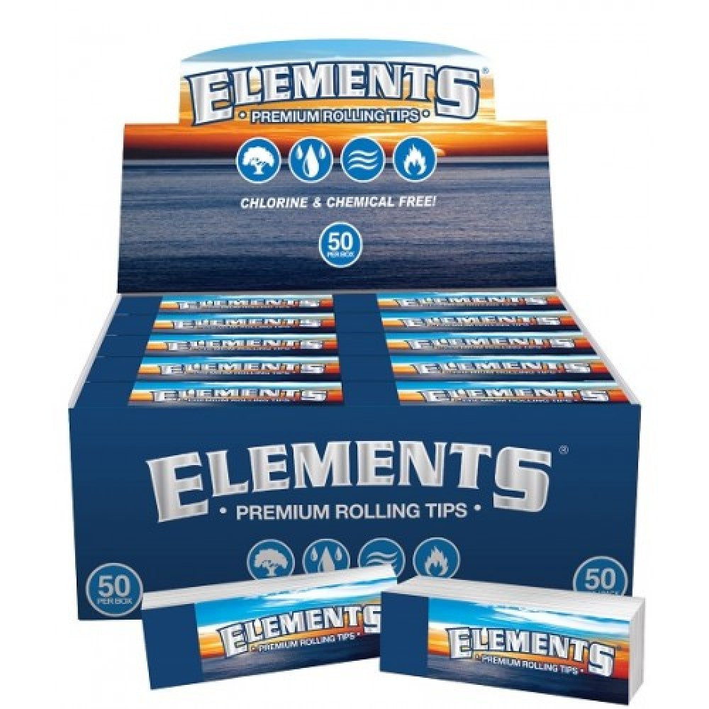 Elements Premium Rolling Tips featuring quality paper construction, easy-to-roll design, convenient packaging, and 50 tips per pack.