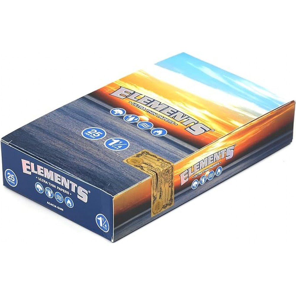 Elements Rolling Papers 1 1/4 Size featuring 25 papers per pack, lightweight construction, smooth paper texture, and convenient retail-ready packaging.