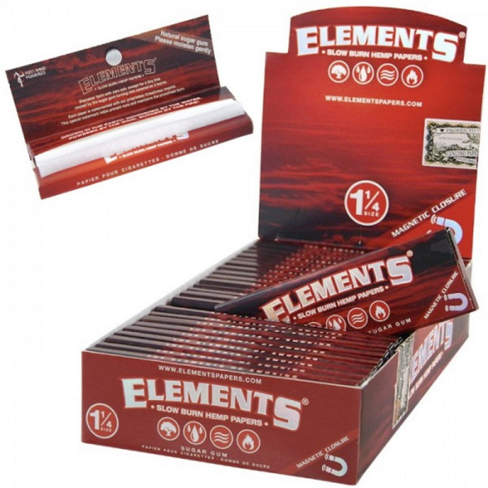 Elements Slow Burn Hemp Papers 1¼ Size featuring hemp-based paper, slow-burning design, lightweight construction, and 25 papers per pack.