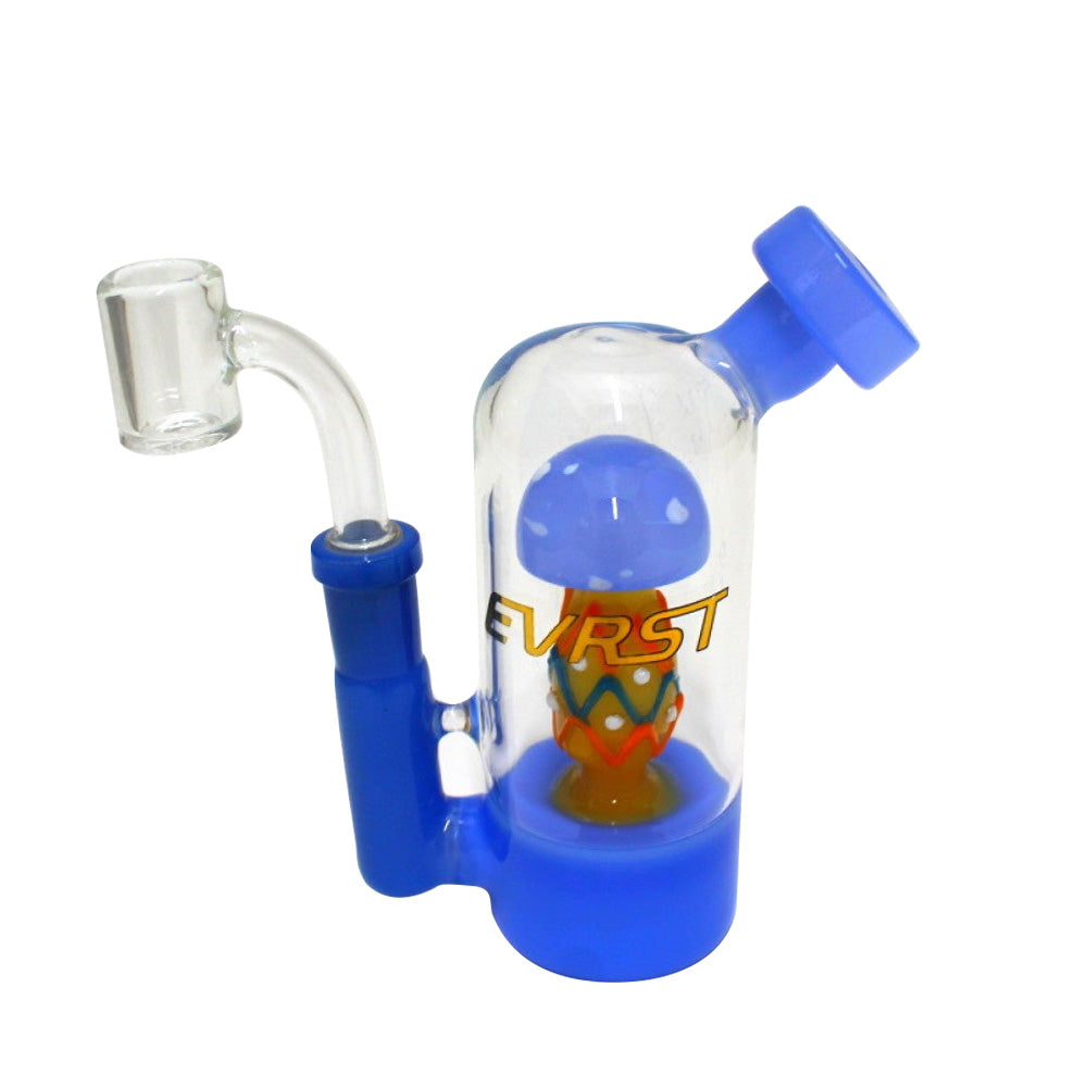 EVRST 5-inch Mushroom Glass Dab Rig with 14mm Male Banger featuring a unique mushroom-shaped design, durable glass construction, compact size, and stable base.