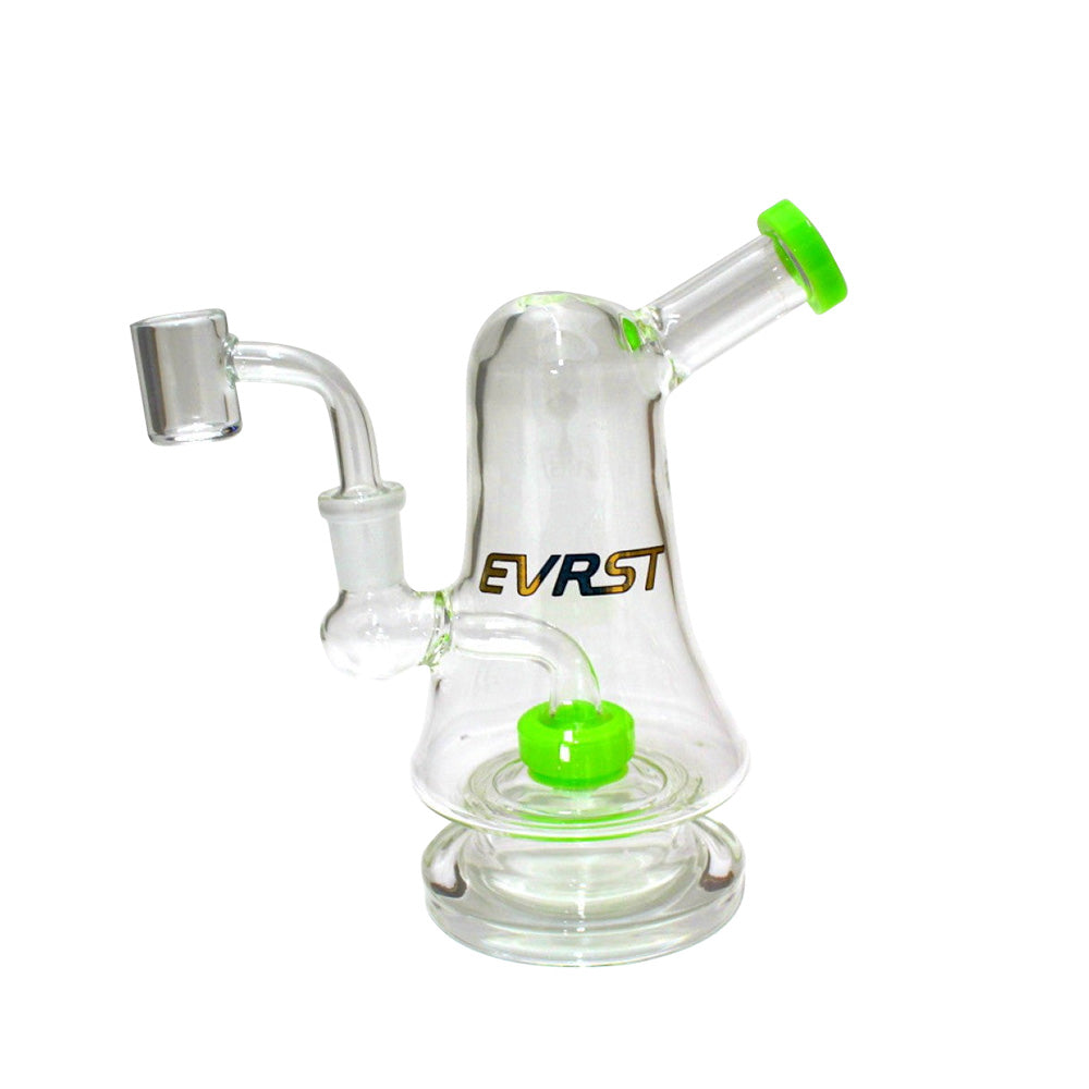EVRST 7-inch Side Arm Glass Dab Rig featuring a compact design, durable glass construction, stable base, and included 14mm male banger.