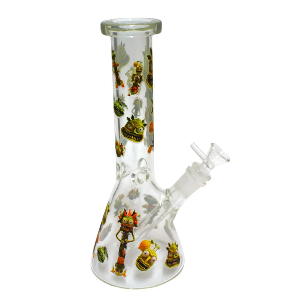 10 Inch Monster Decal Beaker Water Pipe with Glow-in-the-Dark Graphics, 14mm Male Glass Bowl, Glass-on-Glass Joint, and a Wide Stable Base for Retail Displays and Wholesale Collections.