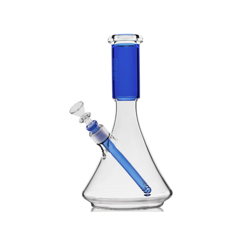 GRAV Deco Medium Beaker Glass Bong featuring a decorative design, durable glass construction, classic beaker body, built-in water chamber, and stable base.