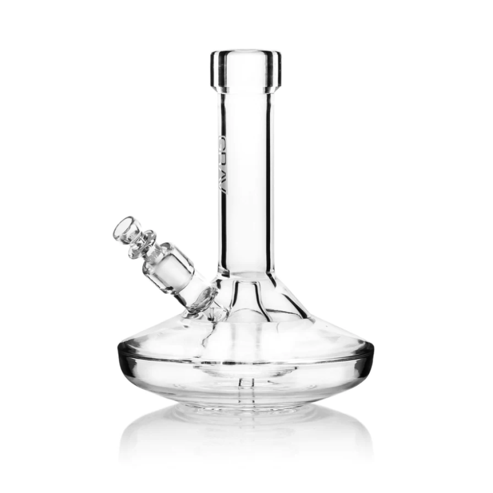 GRAV Small Wide Base Clear Water Pipe featuring durable glass construction, a compact design, wide stable base, built-in water chamber, and polished finish.