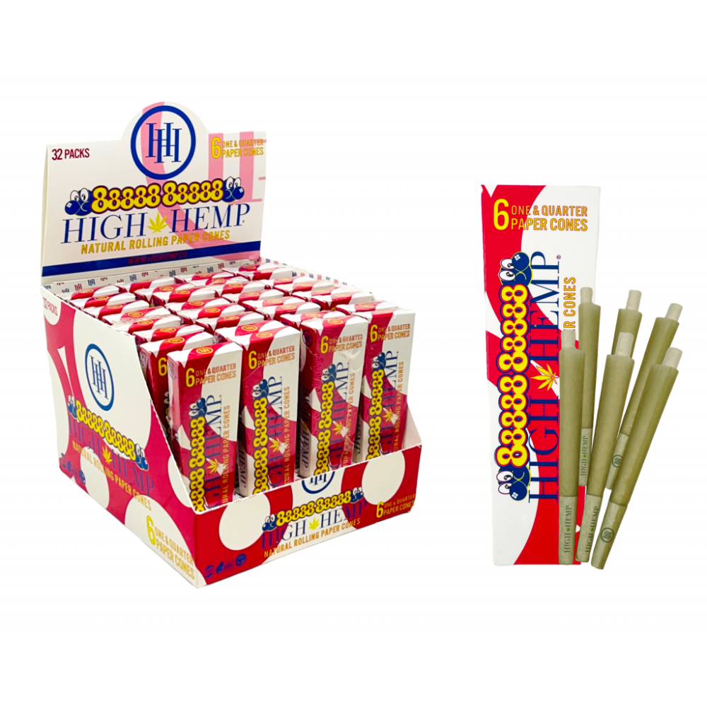 High Hemp 1 1/4 Rolling Paper Cone featuring hemp-based paper construction, pre-rolled cone design, smooth texture, consistent shape, and compact packaging.