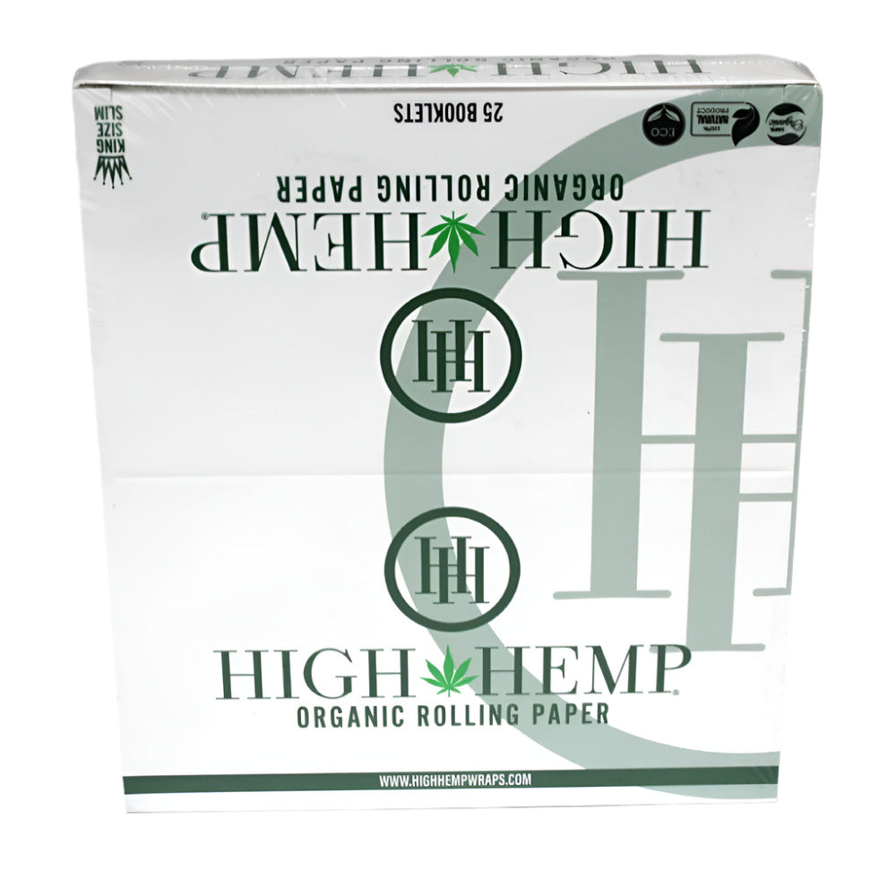 High Hemp Organic Rolling Papers King Size Slim featuring 25 booklets, organic hemp paper construction, lightweight design, smooth texture, and convenient packaging.
