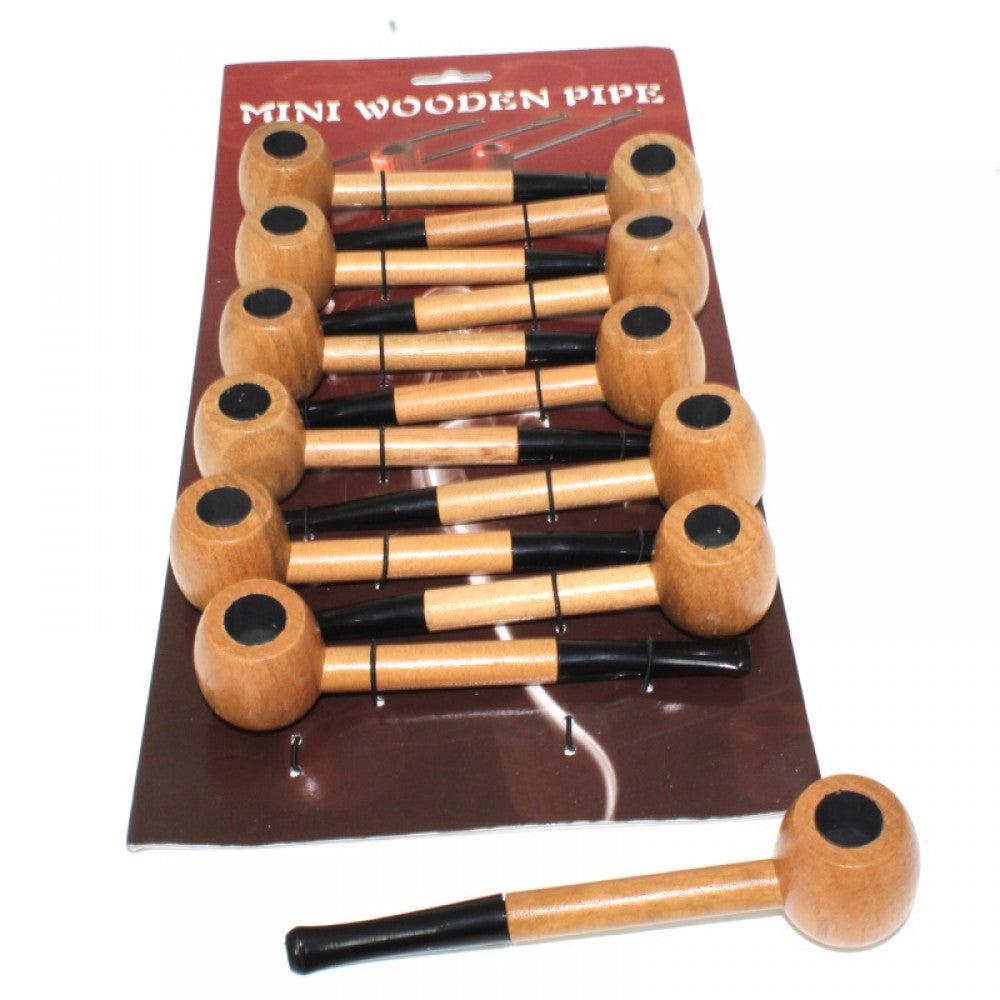 Item No. 30385 6-inch wood pipe featuring natural wood construction, classic styling, unique grain variations, and 12 pieces per pack.