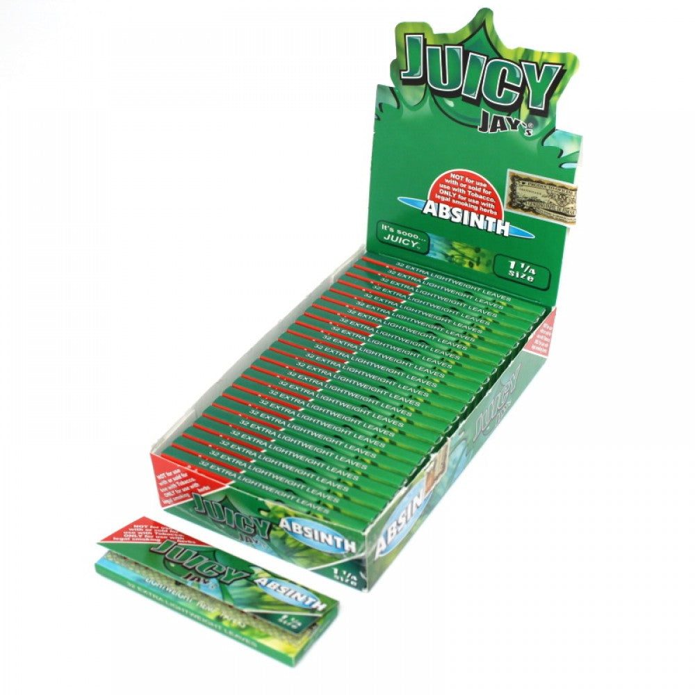 Juicy Jay's 11/4 Absinthe 24 Pack rolling papers featuring absinthe-inspired flavor, lightweight paper construction, smooth texture, and convenient booklet packaging.